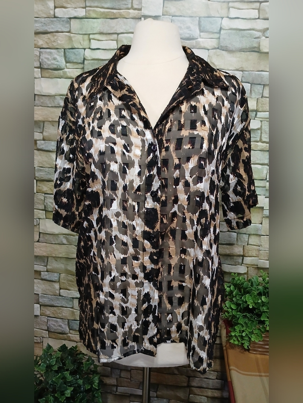Vintage 1990's Selene Sport Large Button Up Blouse Metallic Leopard